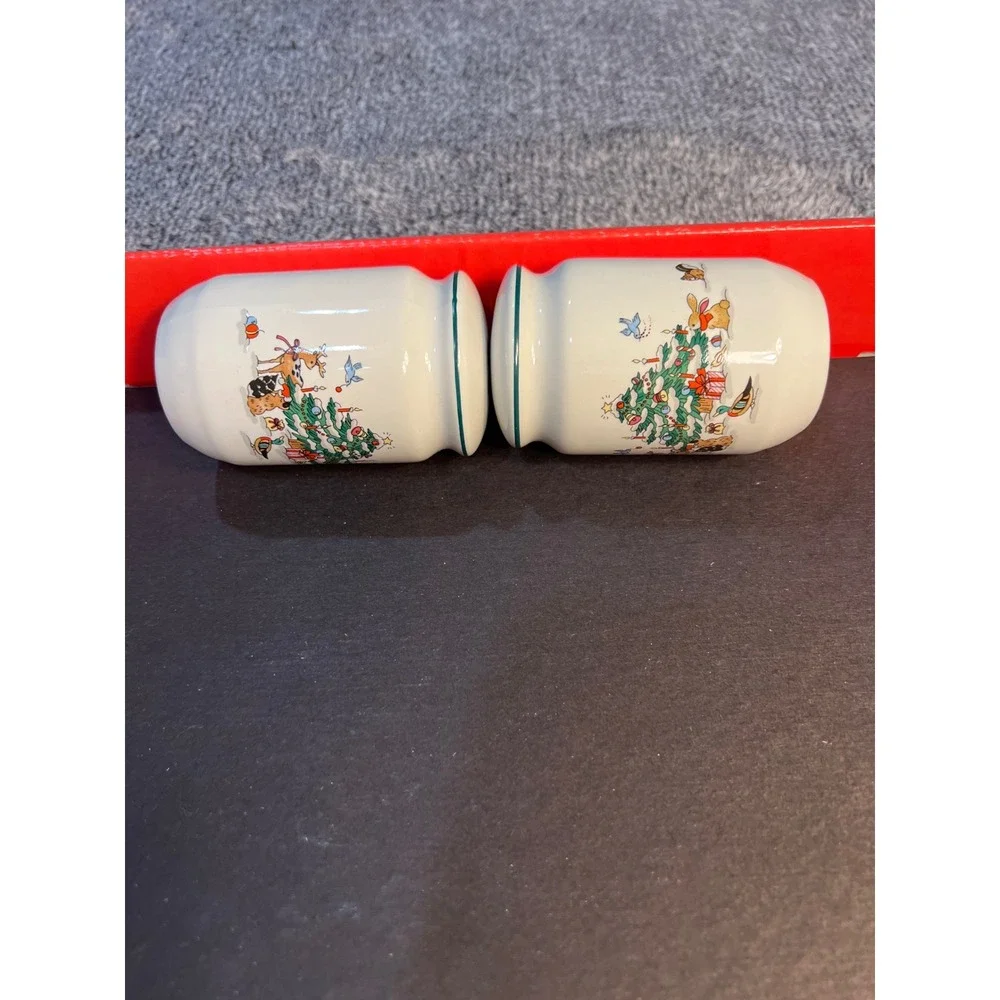 Vintage Christmas Tree Woodland Animals Ceramic Salt and Pepper Shaker Set